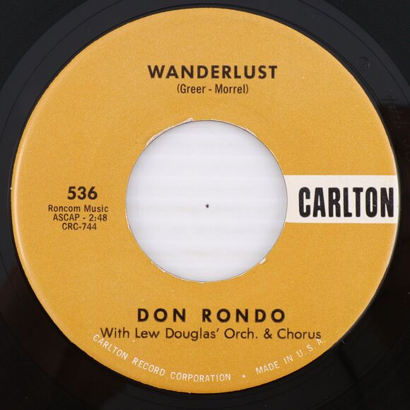 Don Rondo W/ Lew Douglas - Wanderlust - 1960 45 rpm 7" Single Vinyl Record 536 - Picture 1 of 16